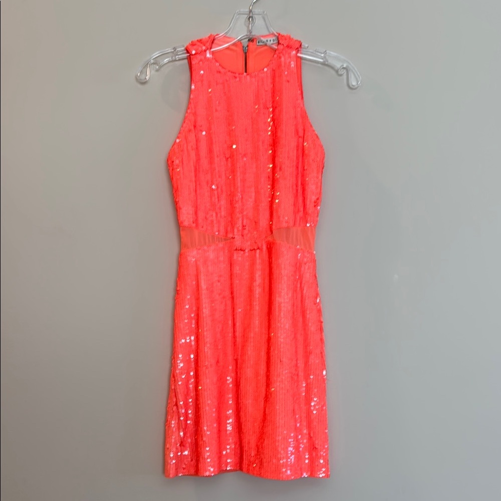 Alice + Olivia Cara Mini Dress, Coral, Sequin, Size 4